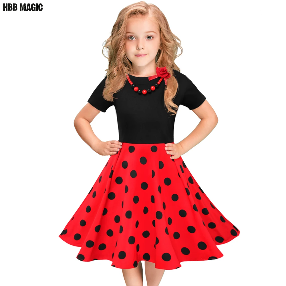 Летнее платье для девочек хлопковые детские платья в горошек с короткими рукавами, одежда для девочек детское праздничное платье принцессы с ожерельем, на возраст от 5 до 12 лет