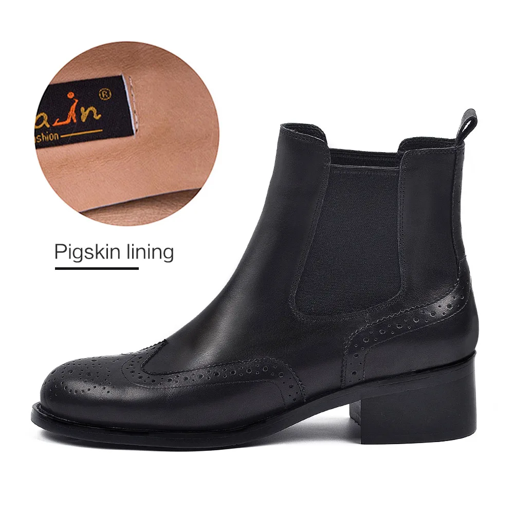 Donna-in/ботильоны «Челси»; женская обувь из натуральной кожи; сезон осень-зима; черные женские ботинки-броги на среднем каблуке с круглым носком; - Цвет: Black (pigskin)