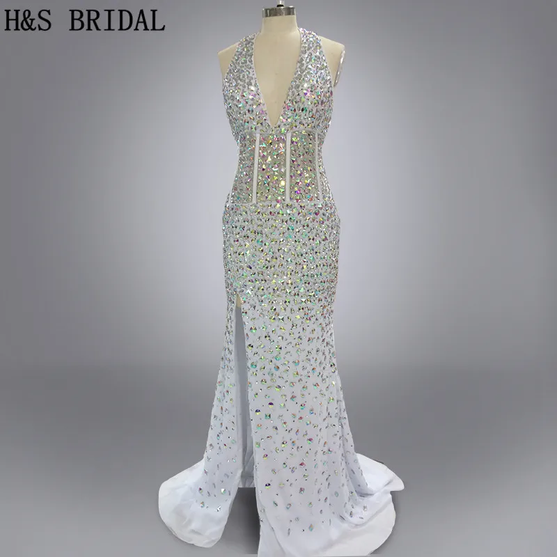 

Real Sample Elegant V Neck Chiffon Crystal Heavy Beaded Sleeveless Halter Backless Floor Length Luxury Long Evening Dresses 2017