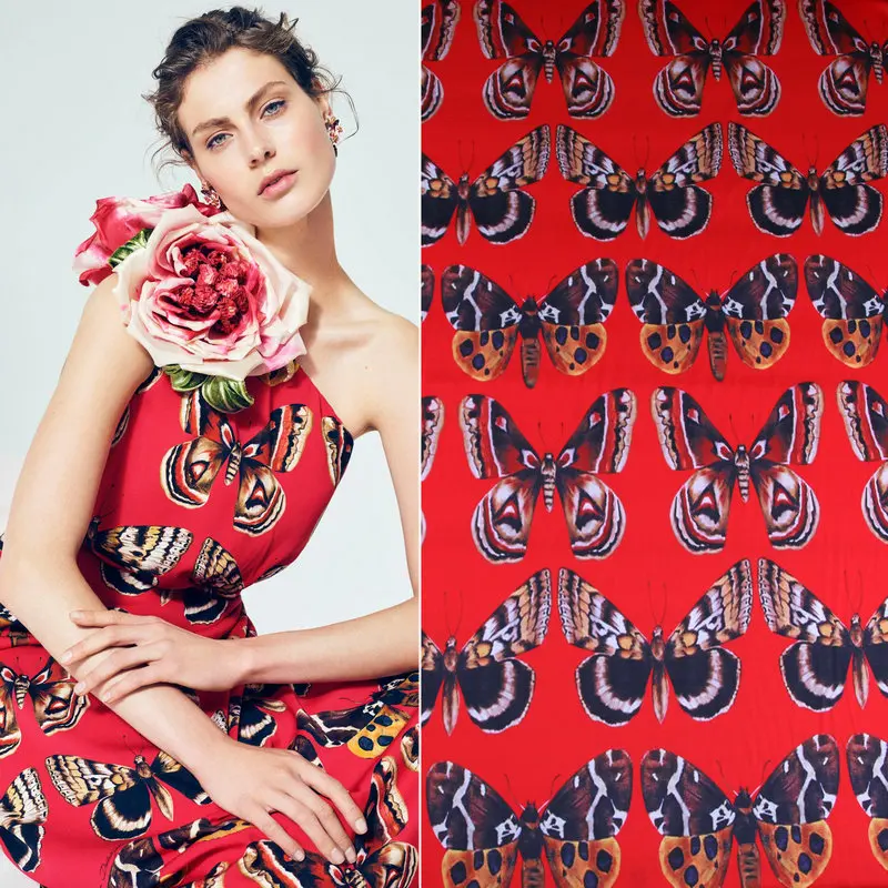 Spring and summer new butterfly print cloth clothes 145cm wide diy drape dress shirt cheongsam pants red fabric | Дом и сад