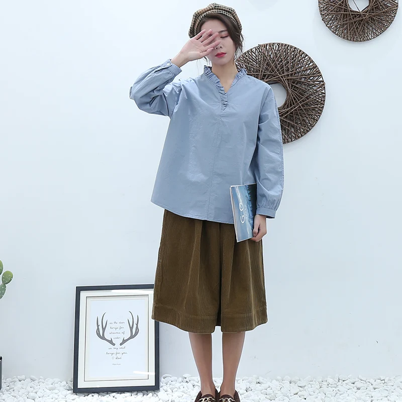 

Johnature Women Korean Style T-Shirts Solid Color 2019 Spring New V-Neck Long Sleeve Cotton Casual Women T-Shirts