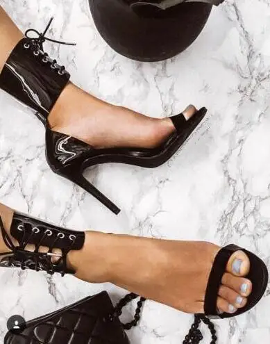 

New Fashion Black PVC Patchwork High heel Sandal 2019 Open Toe Lace-up Thin heels Gladiator Shoe Woman Cutouts Sandal