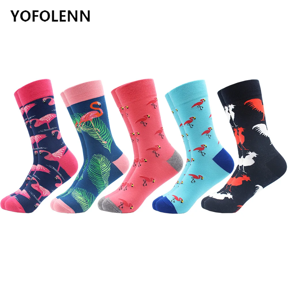 

5 pairs/lot Happy Long Socks 2018 Men's Combed Cotton Socks Flamingo Birds Series Novelty Funny Novelty Skate Casual Dress Socks