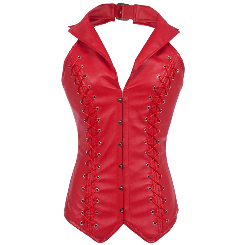 Steel Boned Corsets And Bustiers Red Leather Corset Bustier Halter Neck Gothic Slimming Sexy