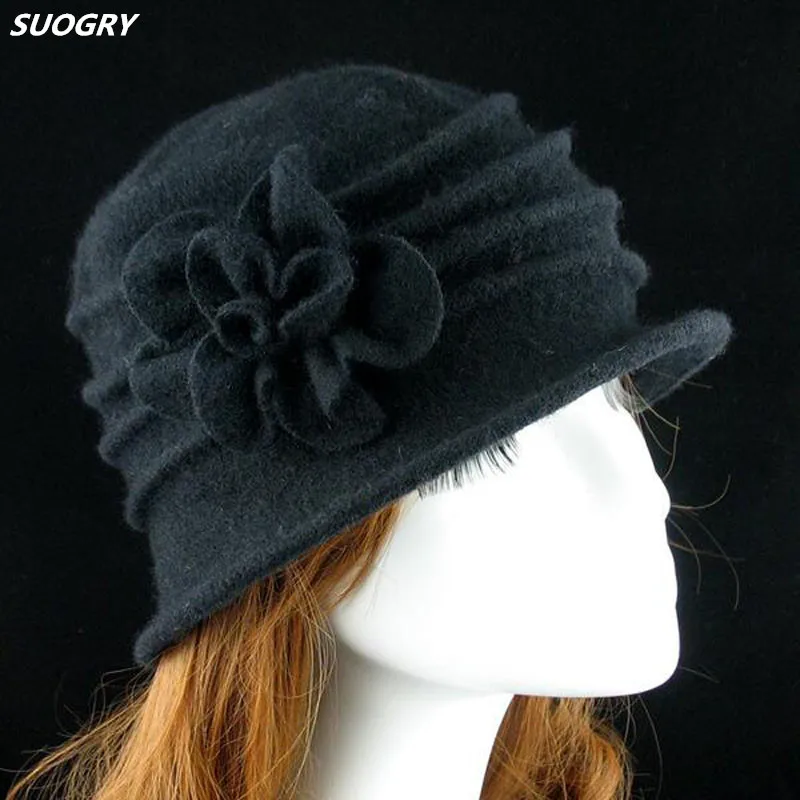 Для женщин купол Fedora 100% шерсть шляпа шляпы для мам на осень и зима сплошной цветочный теплые шляпу Винтаж Ретро Котелок фетровых шапки