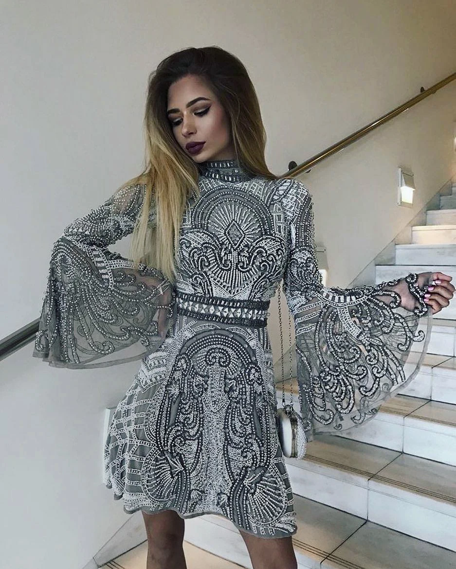 

2019 Grey silver embroidered fishtail dress summer autumn spring Sexy evening Party Bodycon wholesale womens clothing HL