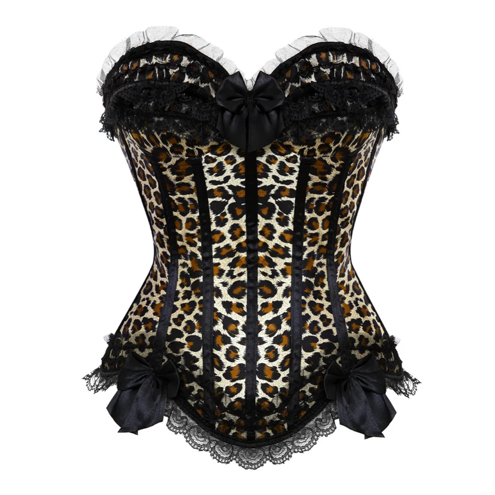 

satin Leopard/red/black stripe Overbust Corset zipper side Costume Hot girl clothing waist cincher bustier Top S-6XL