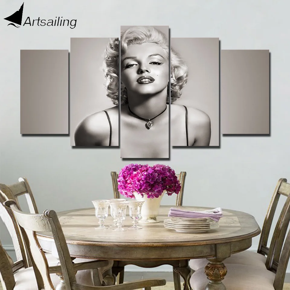 

5 panel wall art on canvas Marilyn Monroe modern Home decoration sexy girl image painting white and black for living room up-329