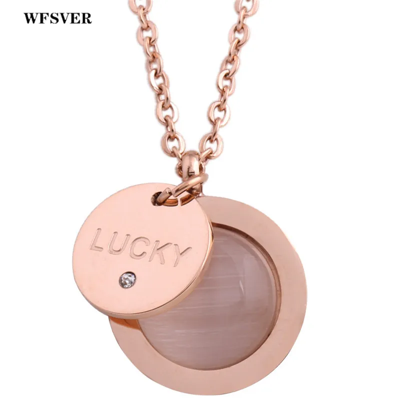 

WFSVER Stainless Steel Round Opal Lucky Letter Pendant Necklace Rose Gold/Silver Color For Women Fashion Chain Necklace Jewelry