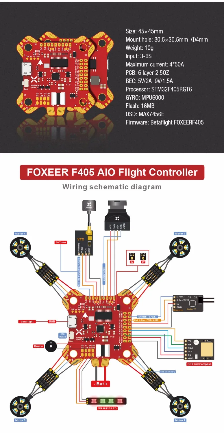 Контроллер полета Foxeer F405 F4 AIO 3 6S с Betaflight OSD/5C 2A BEC плата управления полетом для