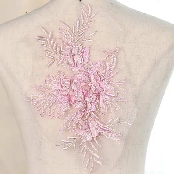 

pink lace applique, heavy bead lace applique, 3D lace applique with pearls, bridal applique, 3d floral