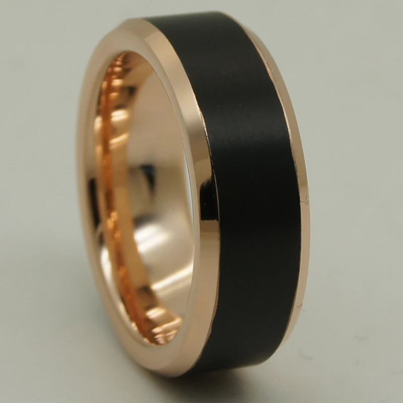 

8mm width men/women unique shiny rose gold & middle black brush plating tungsten ring