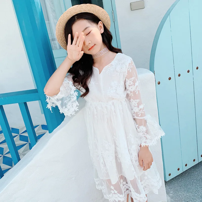 

Flare Sleeve Embroidery White Lace Dress for Baby Girl 2019 New Princess Party Wedding Performance Dress 10 12 years