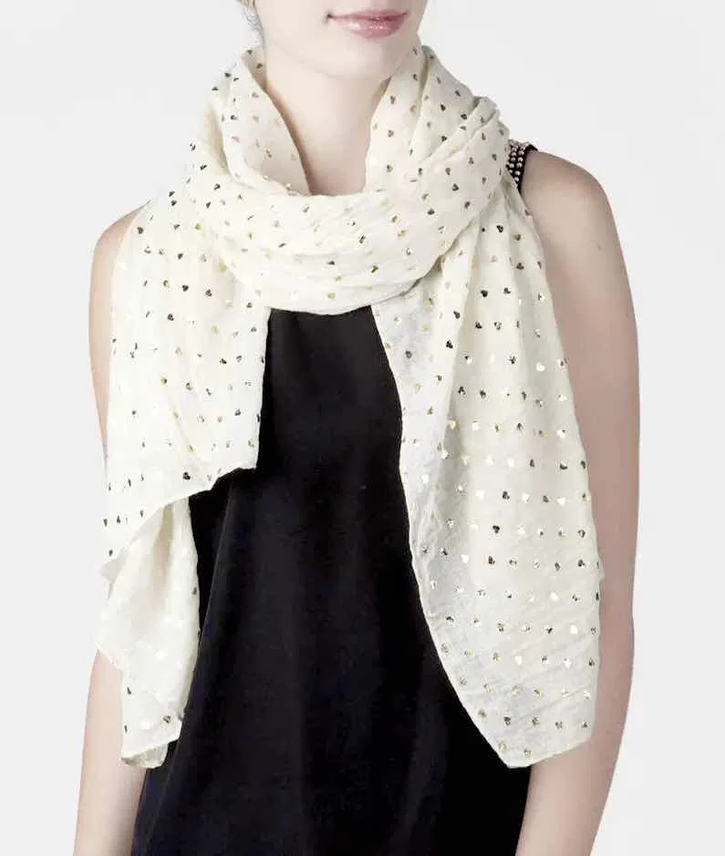

White Metallic foil mini heart print long scarf