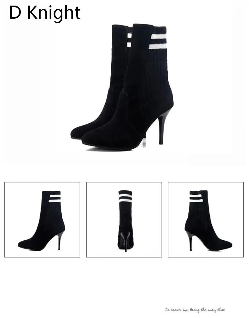 Fashion Elastic Ankle Sock Boots Stretch Thin High Heels Women Winter Sexy Black Booties Pointed Toe Women Pumps Plus Size 33-43 (14)