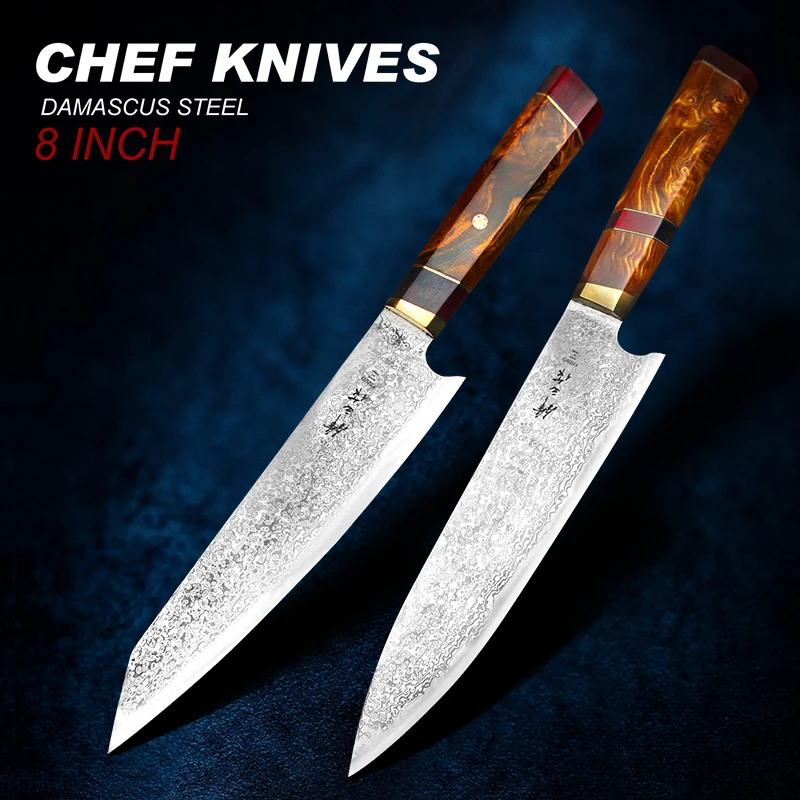 FZIZUO 8" Damascus VG10 Santoku Knives Japanese Style Stable Wood Tanto