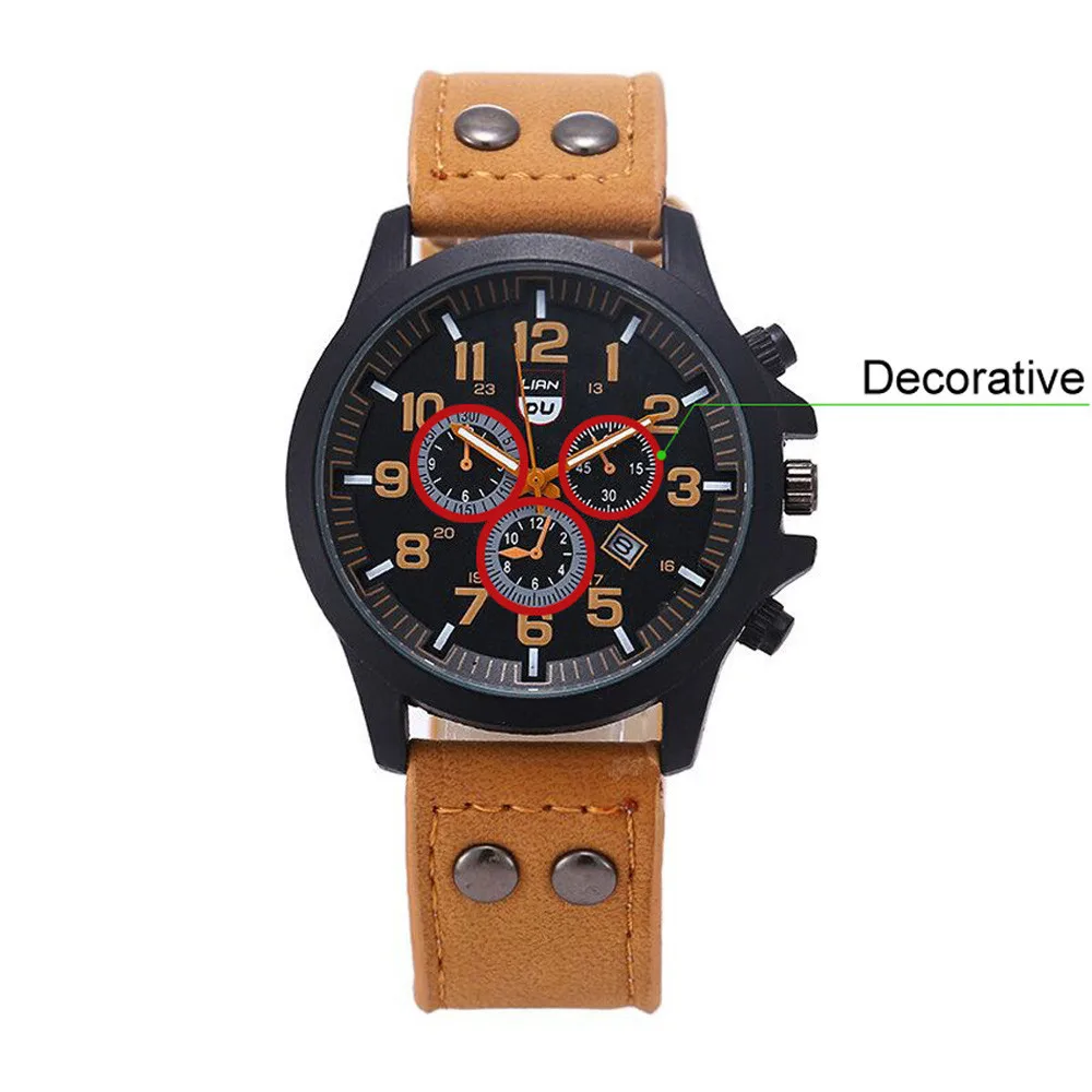 

2019 men Military Leather watches 1pcs Arabic numerals three eyes Waterproof Date Quartz Analog Army Quartz Wrist Watches @9