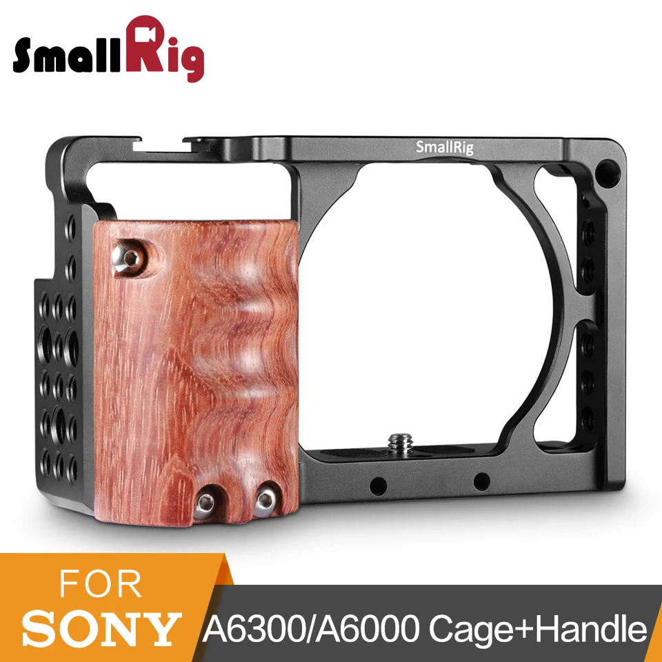 SmallRig Aluminum Alloy Camera Cage With Wooden Handgrip For Sony A6000/A6300 To Mount Baseplate ILDC Camcorder Cage Kit -2082