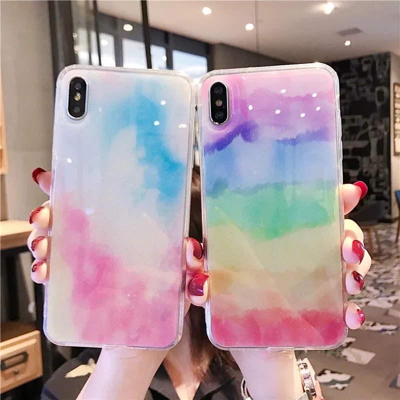 Transparent Soft Silicone Phone Cases for Apple iPhone 8 7 6 6s Plus X XR XS MAX Horse Glitter Epoxy On Rainbow TPU case cover |
