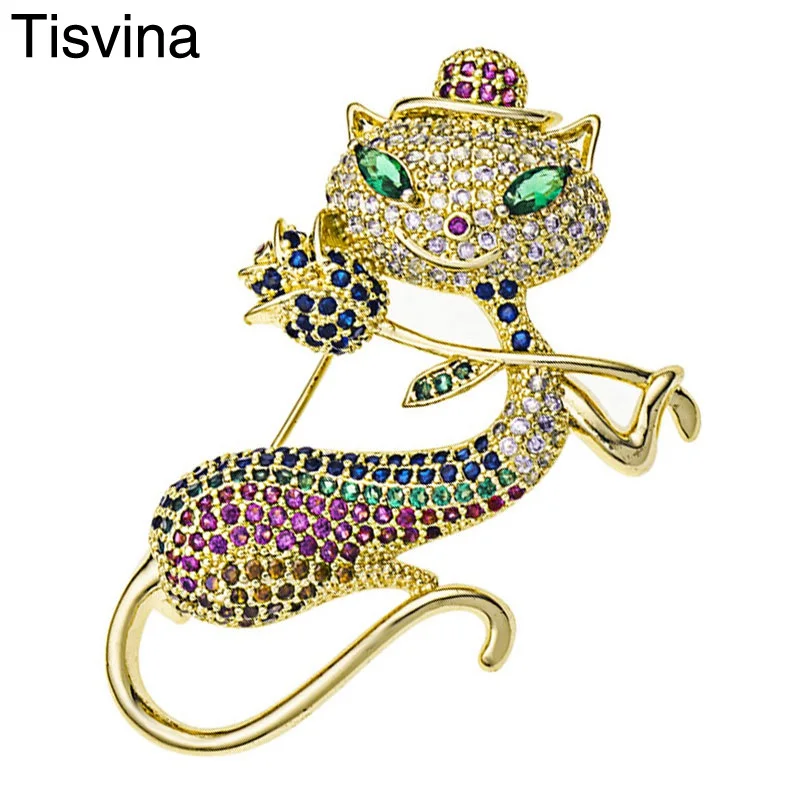 

Tisvina 2018 New Micro pave Colored zircon Cat Brooches for women High quality Luxury Vintage Baroque Kitten Brooch pins jewelry