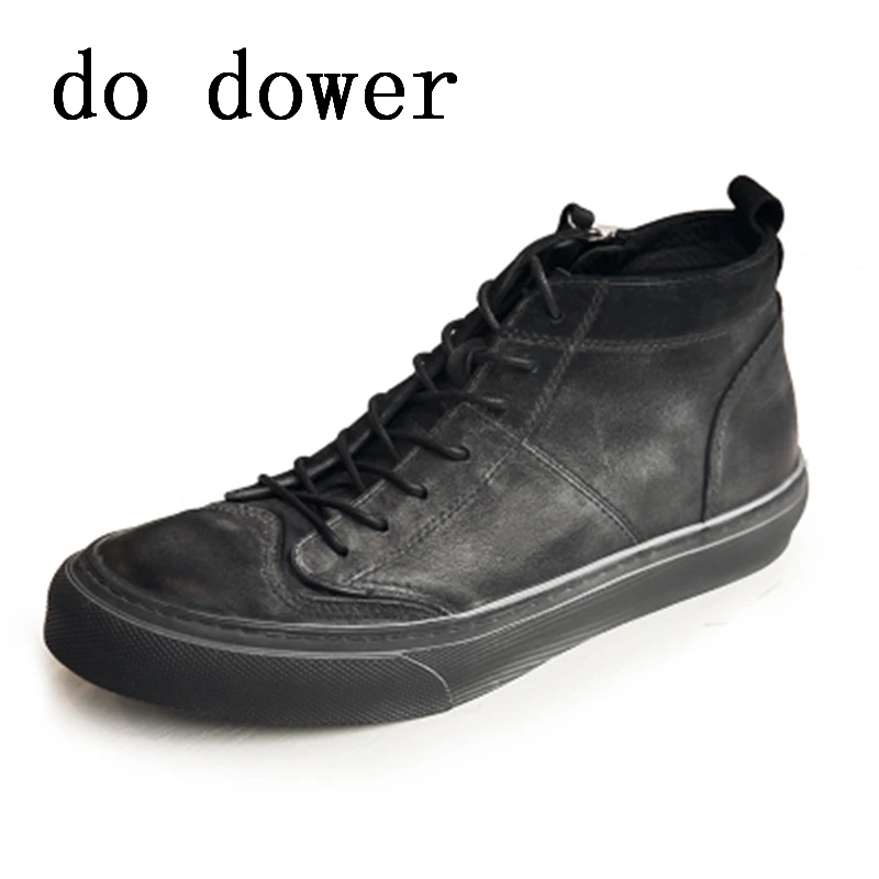 

New Men Genuine Leather Shoes Luxury Trainers Summer Male Adult Shoes Casual Flats Lace-Up Ratro Old Black Zip Shoes