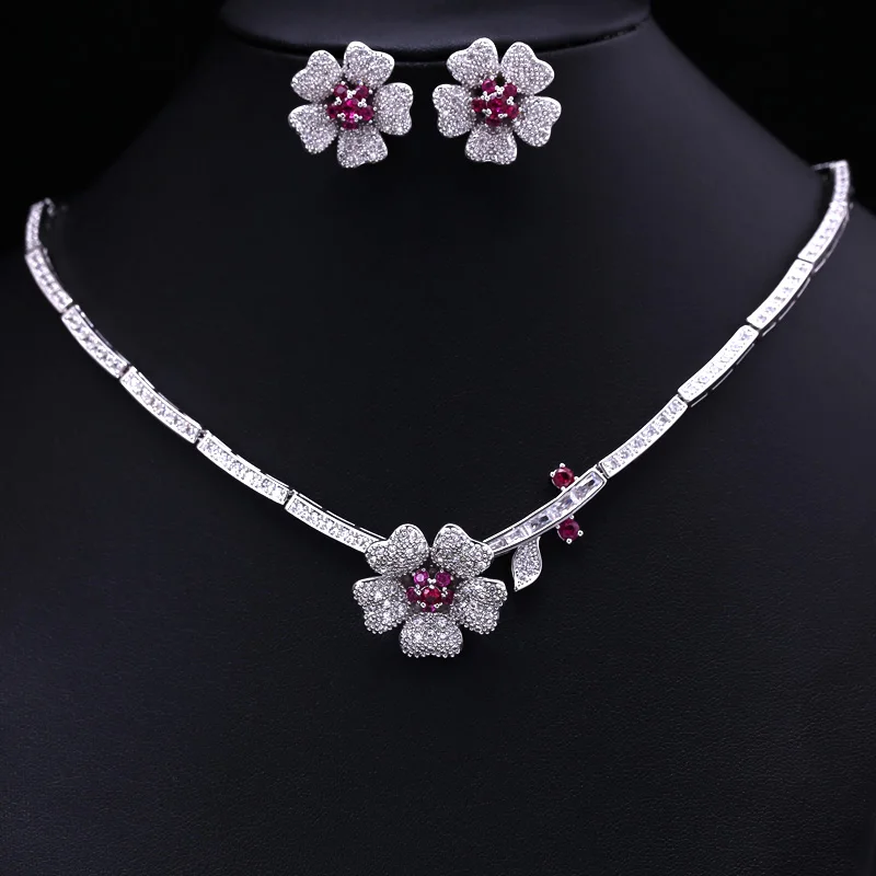 4 цвета выбрать AAA кубический циркон цветок свадебные комплекты ювелирных изделий, серьги/ожерелье, заводская цена - Окраска металла: Hot pink
