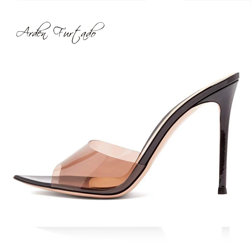 

Arden Furtado 2019 summer sexy high heels 12cm stilettos peep toe mules fashion slippers big size ladies clear pvc slides 44 45