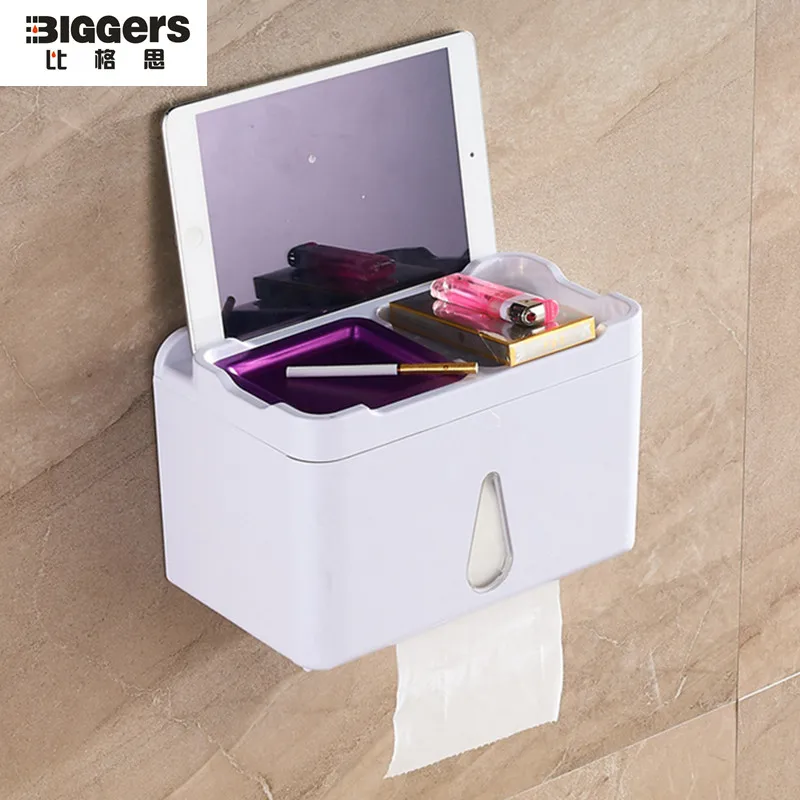 Free shipping Useful Wall mounted suction toilet tissue boxes Plastic bathroom phone shelf toilet paper holder with ashtray