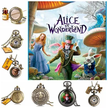 Alice in Wonderland Mad Hatter Rabbit Drink Me Tag Quartz Pocket Watch Dark Brown Glass Necklace Pendant Gifts for Women Girls alice in wonderland necklace fashion bronze chain women rabbit drink me tag quartz pocket watch retro vintage cute gift
