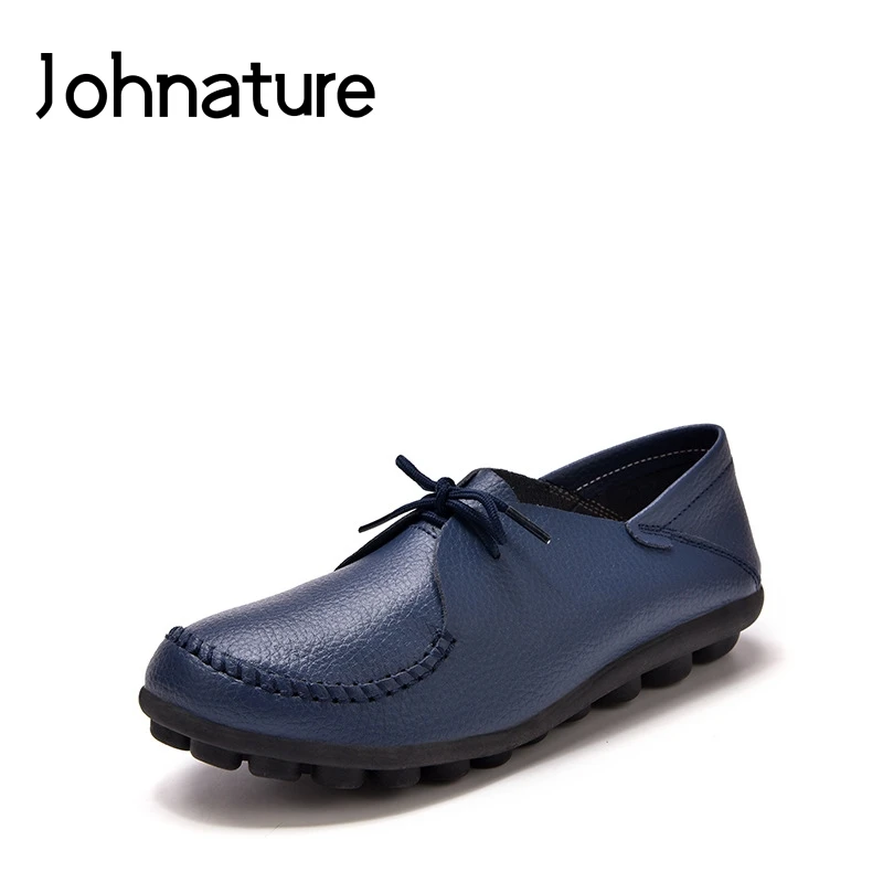 Johnature 2021 New Spring/autumn Genuine Leather Round Toe Lace-up Solid Sewing Soft Sole Comfortable Womens Flat Shoes Loafers | Обувь