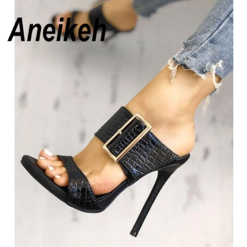 Kopen Aneikeh 2020 Fashion Sexy Gladiator Zomer PU Vrouwen Sandalen Dunne Hoge Hakken Sandalen Slip On Opinted Teen Zwarte Jurk maat 35 40