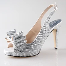 Handmade full rhinestone diamond clear silver slingback open toe shoes bridal wedding banquet sweet bowknot shoes big small size