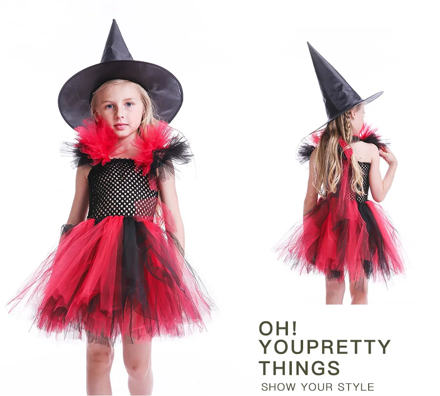 Evil Witch Girls Tutu Dress Kids Halloween Birthday Party Costume Bad Queen Princess Tutu Dress with witch Hat Photo Props (8)