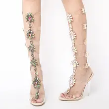 Лето г. Горячая Для женщин Модный, из ПВХ, прозрачный цветок С кристалалми и стразами с пряжкой; открытый носок шпильки сандалии до колена; женские ботинки
