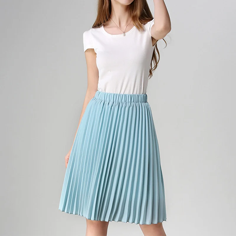 

Summer Pleated High Waist A-line Women's Skirts Elastic Slim Loose Solid Ladies Midi Skirt 2019 Fashions Vintage Clothes Female