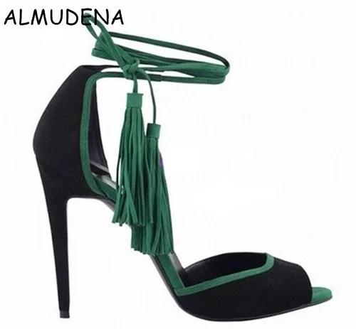 

Summer New Peep Toe Nubuck Color Matching Lace-up Fringe High heel Sandal Fashion Sweet Party Shose