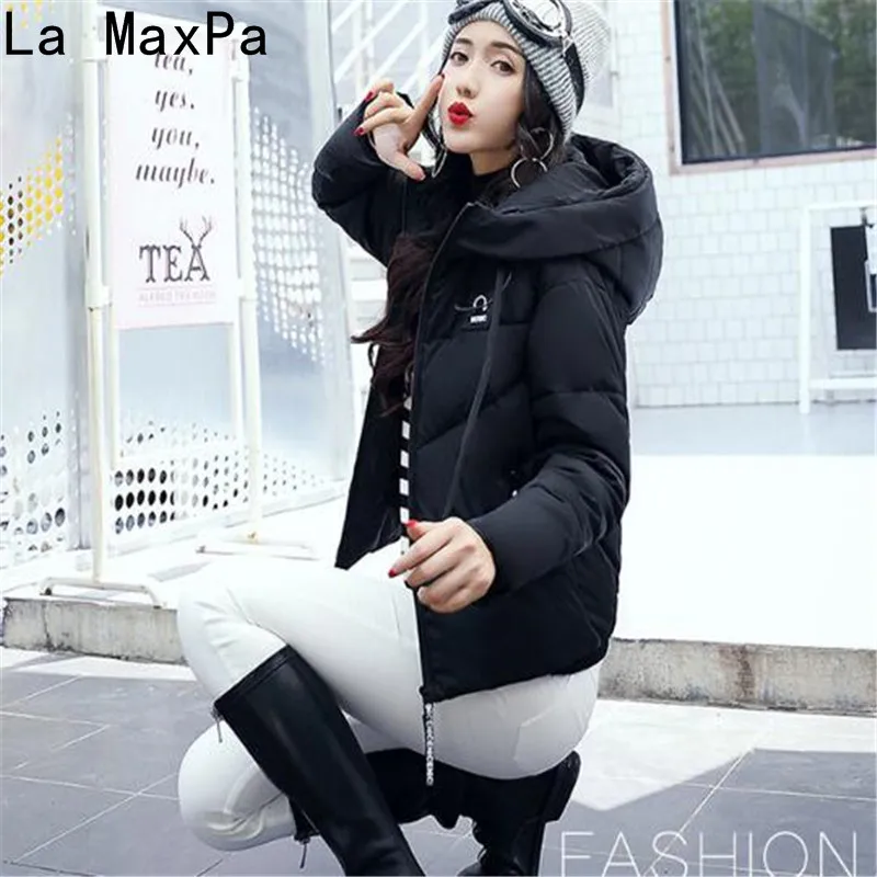 

LA MAXPA 2017 Autumn Winter New Women's Down Jacket Hooded Cotton Long Fur Collar Slim Women Parkas Zipper Ladies Outwear Parkas