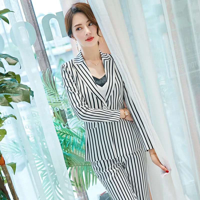 Suit female new 2018autumn woman suit two-piece fashion striped long-sleeved small suit + temperament slim feet pants occupation Women's Sets