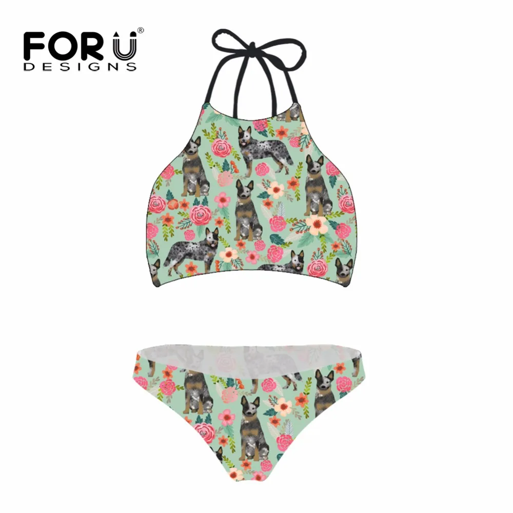 FORUDESGINS Swimsuit Bikini Set Australian Cattle Dog Florals Cream