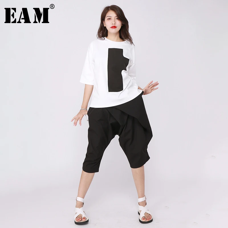 

[EAM] 2019 New Spring Summer Round Neck Three-quarter Sleeve Hit Color Pattern Printed Big Size T-shirt Women Fashion Tide JU386