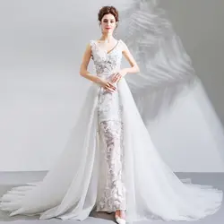 Белое кружевное вечернее платье с v-образным вырезом и шлейфом, элегантные вечерние платья с аппликациями и цветами, Лидер продаж 2018 года