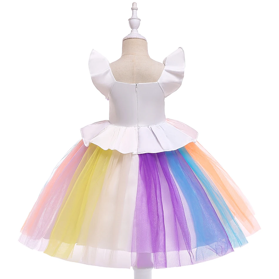 Разноцветное платье для девочек для костюмированной вечеринки с единорогом; платье принцессы с рукавами-крылышками; платья для дня рождения для девочек; Детский костюм на Хэллоуин с единорогом