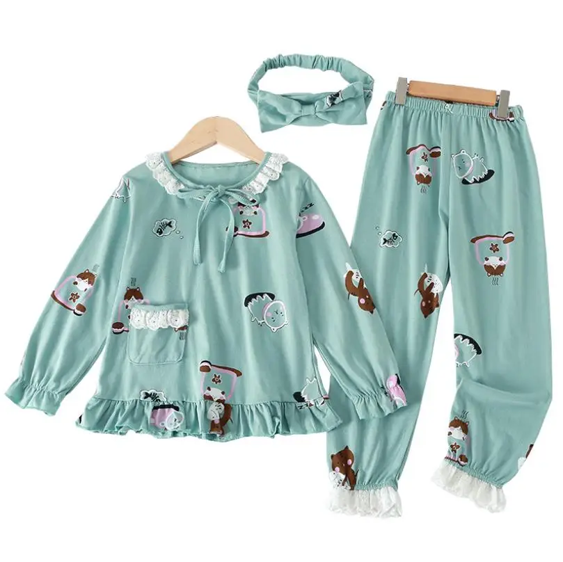 Пижамные комплекты для маленьких девочек, весна-осень, новые милые топы с длинными рукавами и принтом+ штаны, комплект из 2 предметов, домашняя одежда для больших детей, w165 - Цвет: green