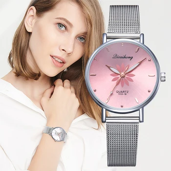 

2019 Popular Women's Watches Luxury Silver Pink Dial Flowers Metal Wristwatch Ladies Bracelet Quartz Clock Fashion Watch Girls