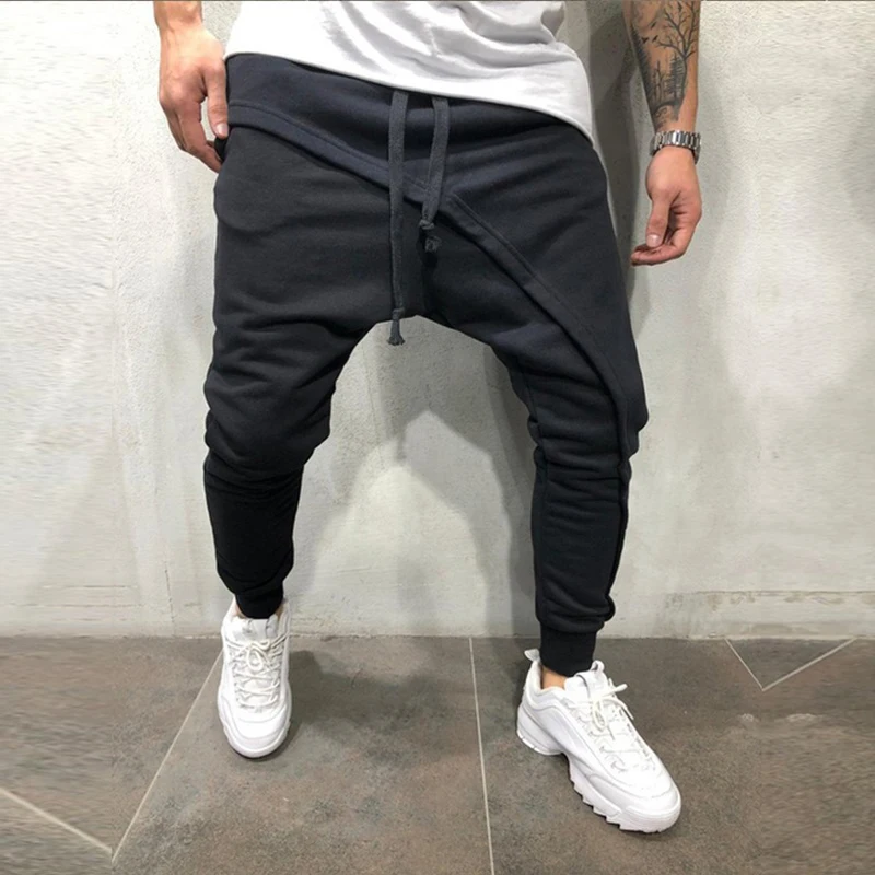 Мужские Asymetric слоистые штаны для бега в стиле хип-хоп, уличная одежда, облегающие брюки, повседневные длинные штаны на завязках