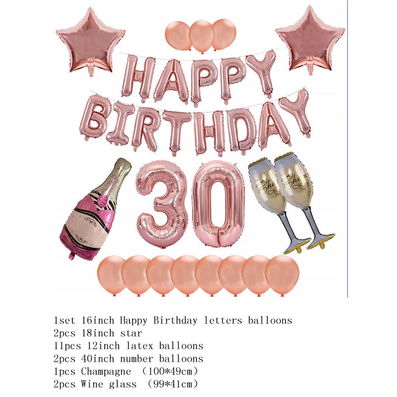 Розовые золотые фольгированные шары, 16 дюймов, с буквами, с днем рождения, украшения для вечеринки, для взрослых, 30, 40, 50, 60, на день рождения, шампанское, ура, воздушный шар - Цвет: Balloon-RG-HB-30th