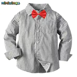 Mimiwinga для маленьких мальчиков серая рубашка в клетку отложной воротник с длинным рукавом Blous галстук-бабочка в стиле кэжуал простой стиль