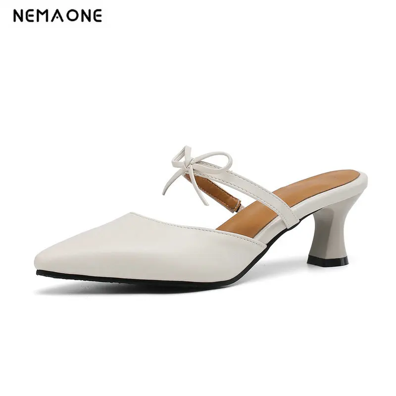

2019 Summer Women Leather Slippers Mules Butterfly Knot Modern Design Chunk High Heel Slip on Peep Toe Ladies Flip Flops