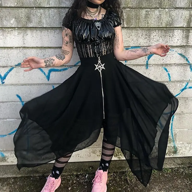 Готическая макси юбка женская летняя 2019 Асимметричная сетка черная уличная мода пентаграмма на молнии, с завышенной талией Готическая