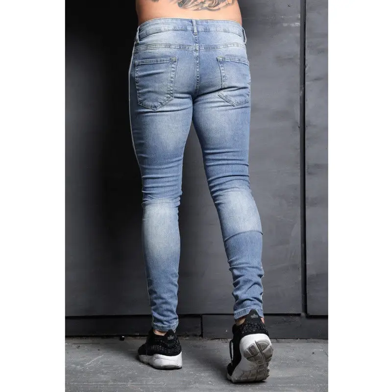 Мужские джинсы для ног Новая мода полосы контрастная прошивка колено отверстие колготки Байкер Повседневная Молодежная плюс размер